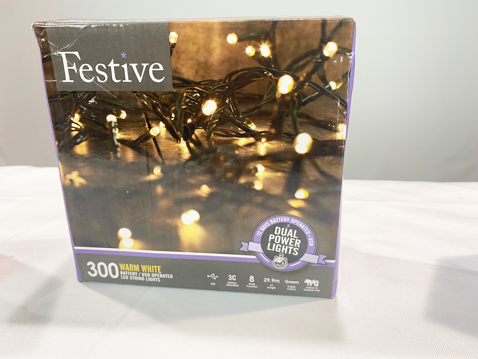Festive Christmas String Lights, Battery Operated Timer LED, Warm White, 300 bulbs