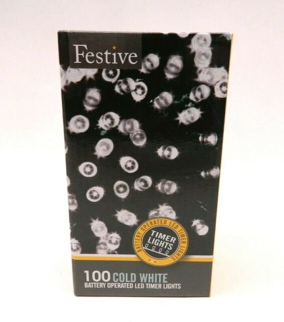 Festive Christmas String Lights, Battery Operated Timer LED, Cold White, 100 bulbs
